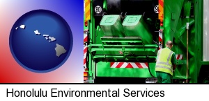 an environmental services worker and a garbage truck in Honolulu, HI