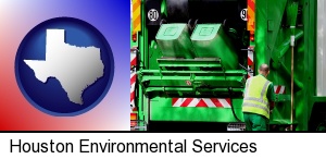 an environmental services worker and a garbage truck in Houston, TX