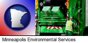 an environmental services worker and a garbage truck in Minneapolis, MN
