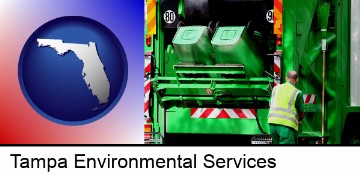 an environmental services worker and a garbage truck in Tampa, FL