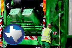 texas map icon and an environmental services worker and a garbage truck