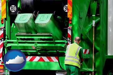 an environmental services worker and a garbage truck - with Kentucky icon