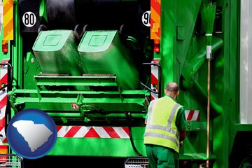 an environmental services worker and a garbage truck - with South Carolina icon