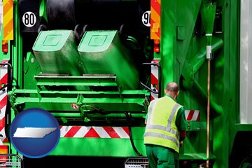 an environmental services worker and a garbage truck - with Tennessee icon